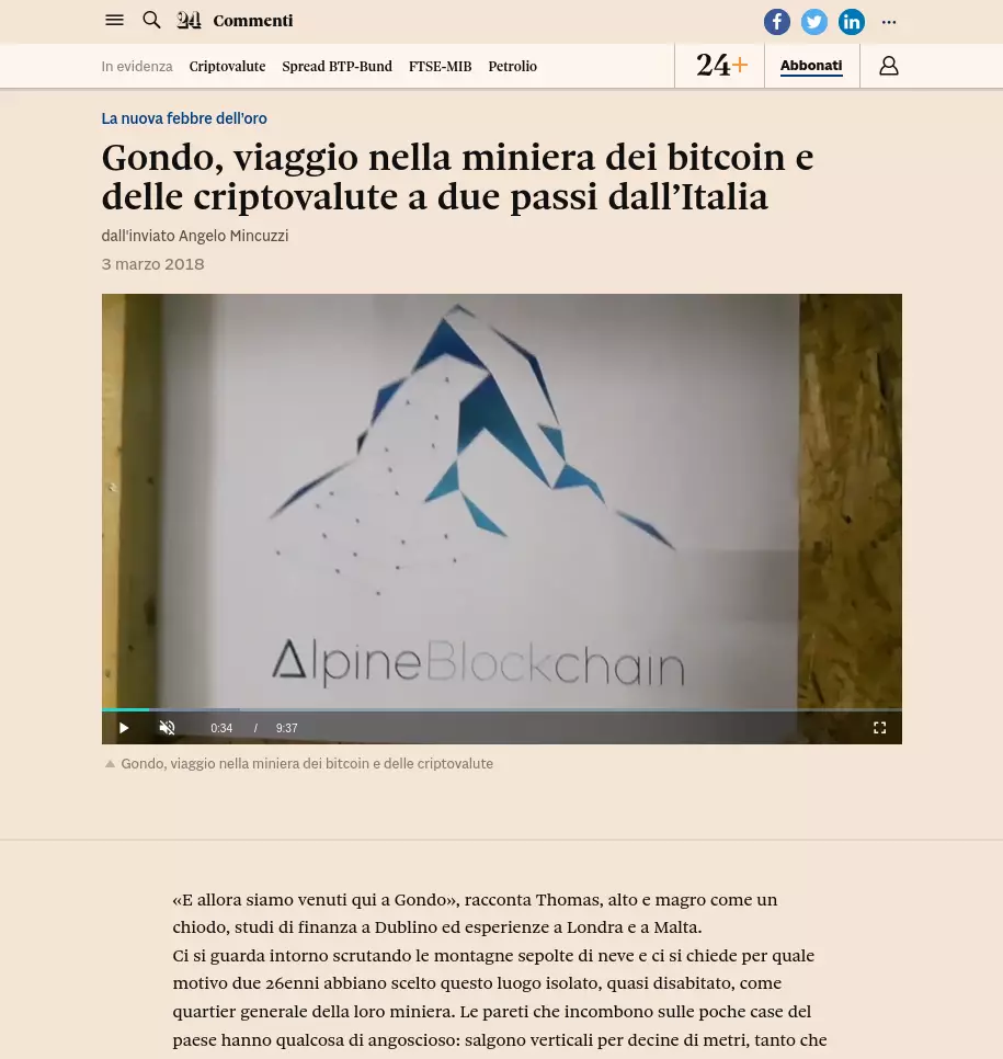 alpine mining in Gondo Zwischbergen Simplon Valais wallis in the news Il sole 24 ore