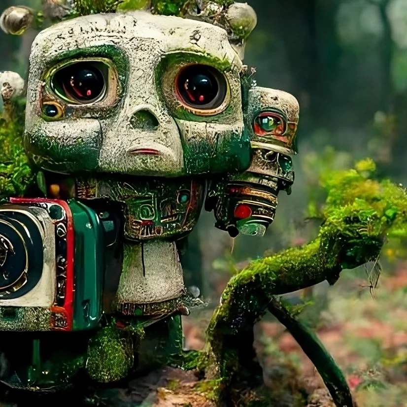 Cute green robots sad in a forest